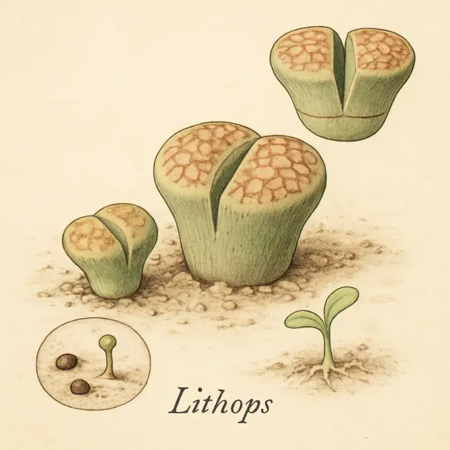 Lithops – Botanische Illustration der Vermehrung