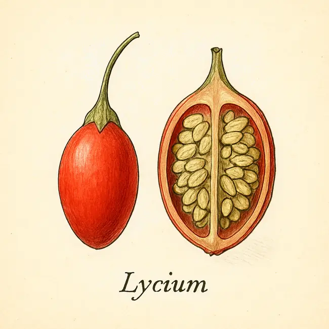 Lycium – Botanische Illustration von Frucht und Samen