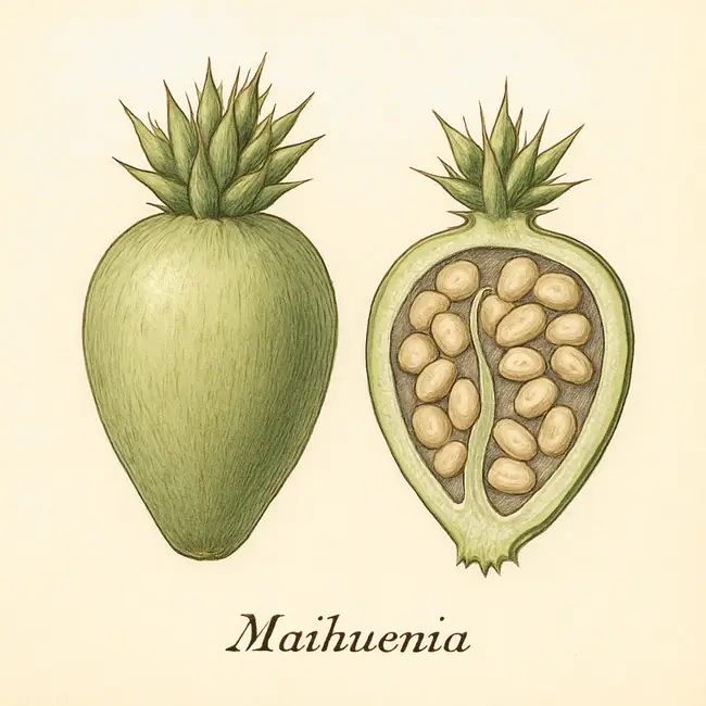 Maihuenia – Botanische Illustration von Frucht und Samen
