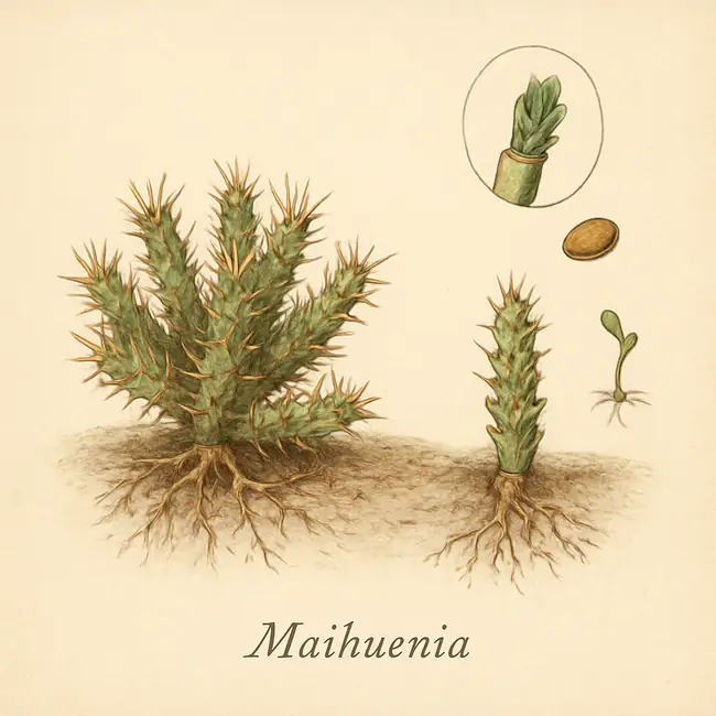 Maihuenia – Botanische Illustration der Vermehrung