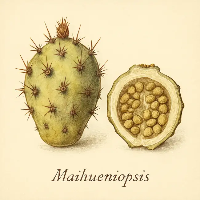 Maihueniopsis – Botanische Illustration von Frucht und Samen