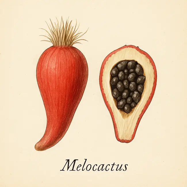 Melocactus – Botanische Illustration von Frucht und Samen