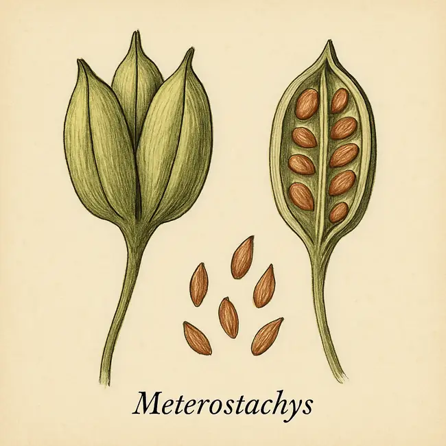 Meterostachys – Botanische Illustration von Frucht und Samen