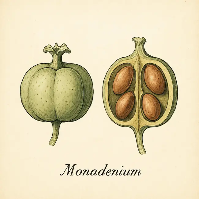 Monadenium – Botanische Illustration von Frucht und Samen