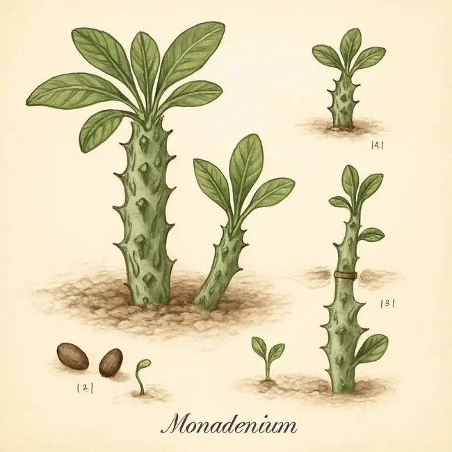 Monadenium – Botanische Illustration der Vermehrung