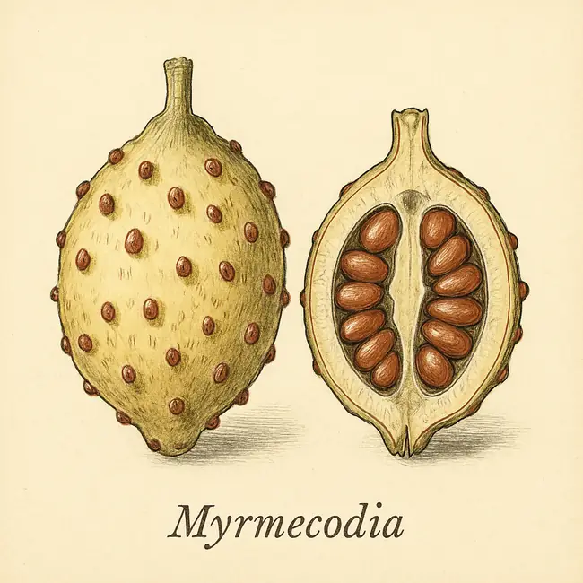Myrmecodia – Botanische Illustration von Frucht und Samen