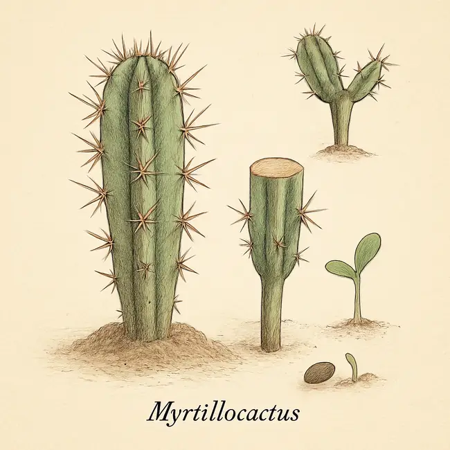 Myrtillocactus – Botanische Illustration der Vermehrung