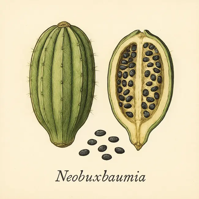 Neobuxbaumia – Botanische Illustration von Frucht und Samen