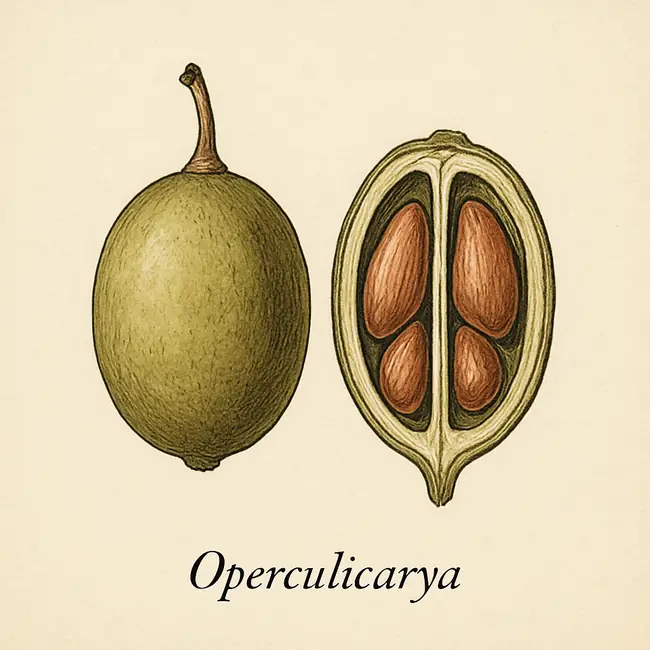 Operculicarya – Botanische Illustration von Frucht und Samen