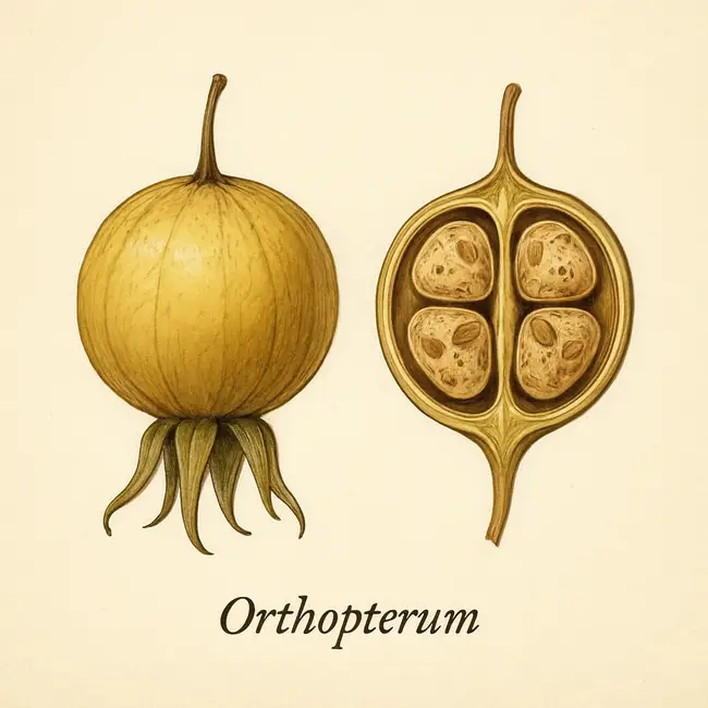 Orthopterum – Botanische Illustration von Frucht und Samen