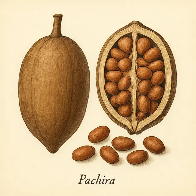 Pachira – Botanische Illustration von Frucht und Samen