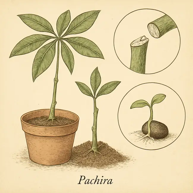 Pachira – Botanische Illustration der Vermehrung