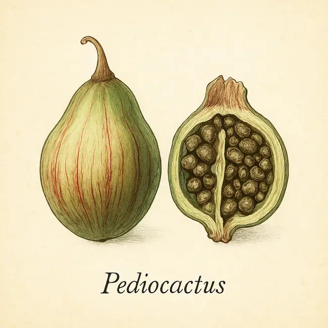 Pediocactus – Botanische Illustration von Frucht und Samen
