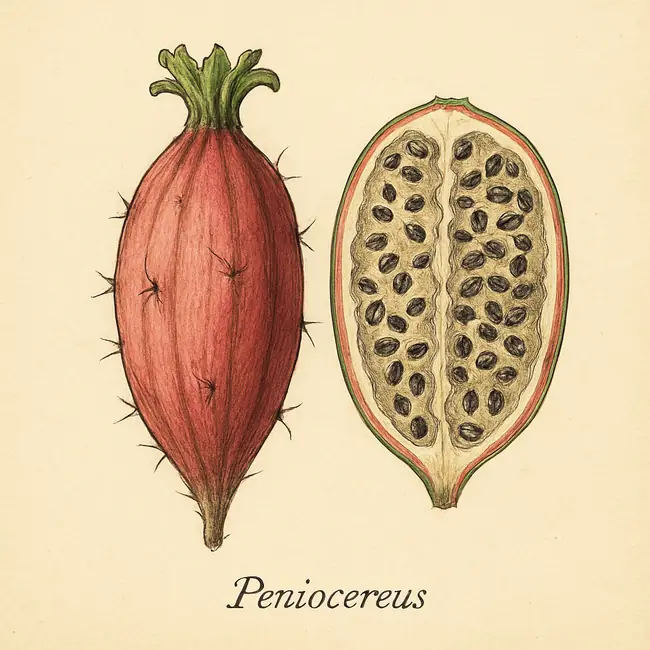 Peniocereus – Botanische Illustration von Frucht und Samen