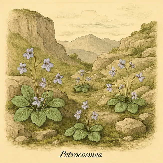 Petrocosmea – Botanische Illustration des natürlichen Lebensraums