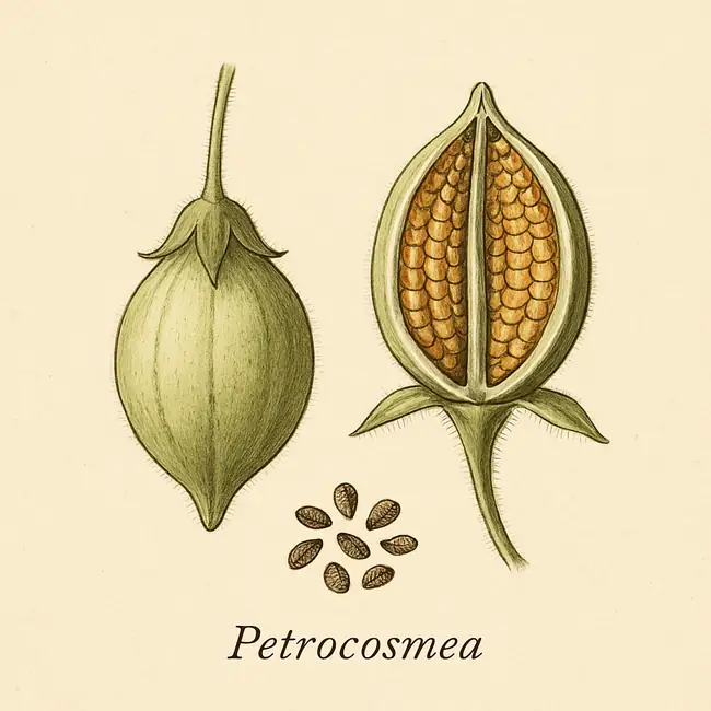 Petrocosmea – Botanische Illustration von Frucht und Samen