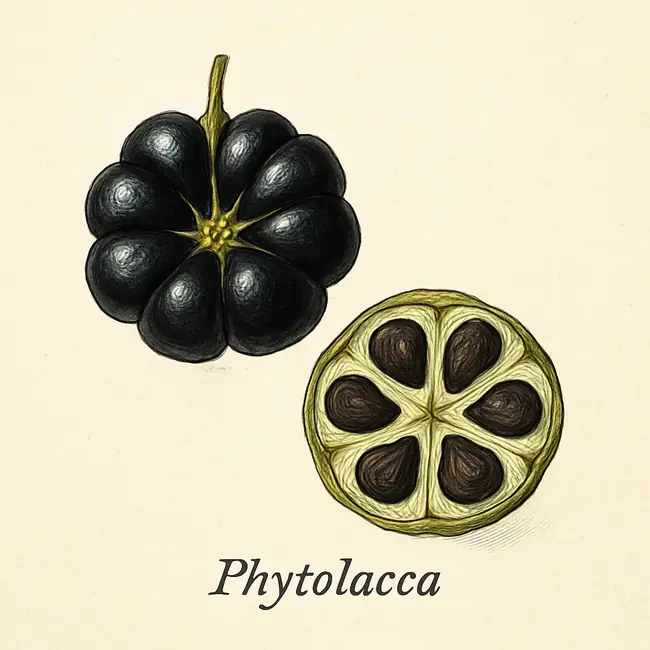 Phytolacca – Botanische Illustration von Frucht und Samen