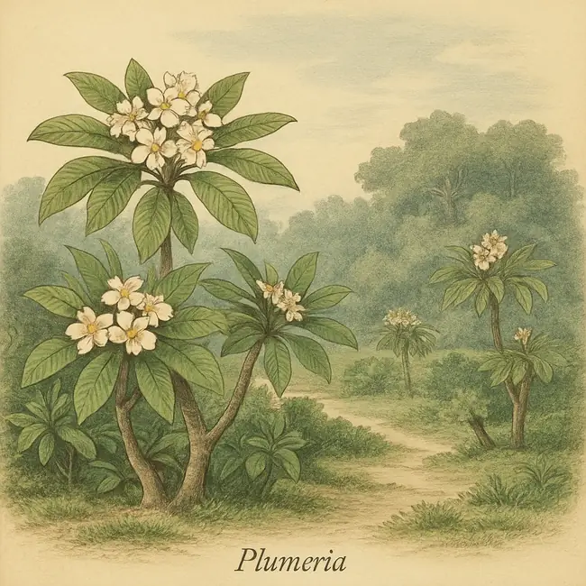 Plumeria – Botanische Illustration des natürlichen Lebensraums