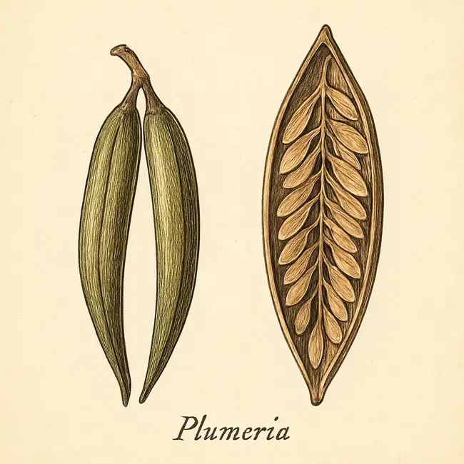 Plumeria – Botanische Illustration von Frucht und Samen