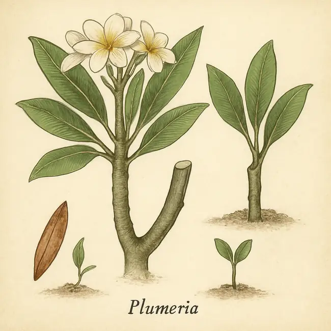 Plumeria – Botanische Illustration der Vermehrung