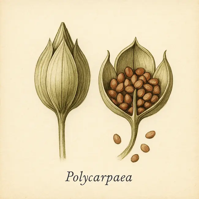 Polycarpaea – Botanische Illustration von Frucht und Samen