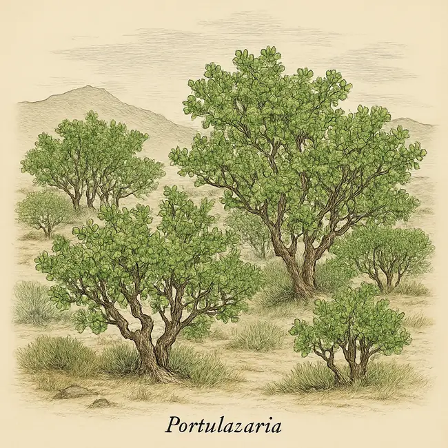 Portulacaria – Botanische Illustration des natürlichen Lebensraums