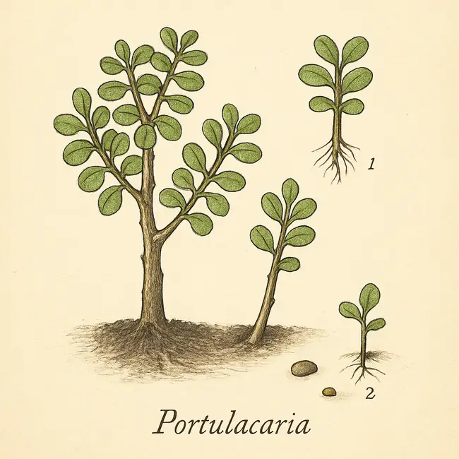Portulacaria – Botanische Illustration der Vermehrung