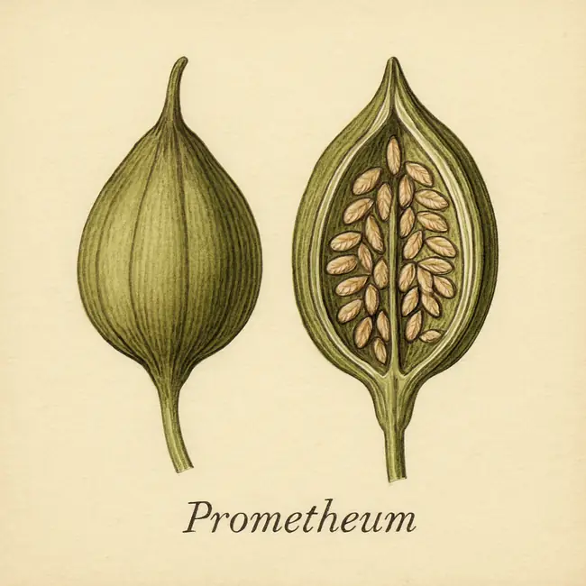 Prometheum – Botanische Illustration von Frucht und Samen