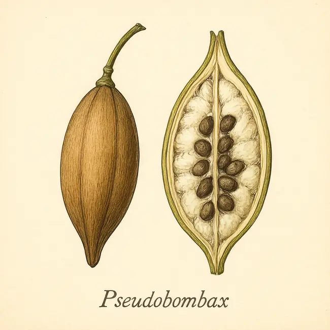 Pseudobombax – Botanische Illustration von Frucht und Samen