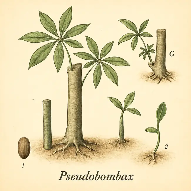 Pseudobombax – Botanische Illustration der Vermehrung