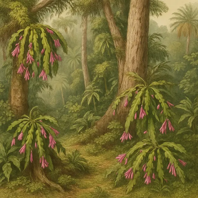 Pseudorhipsalis – Botanische Illustration des natürlichen Lebensraums