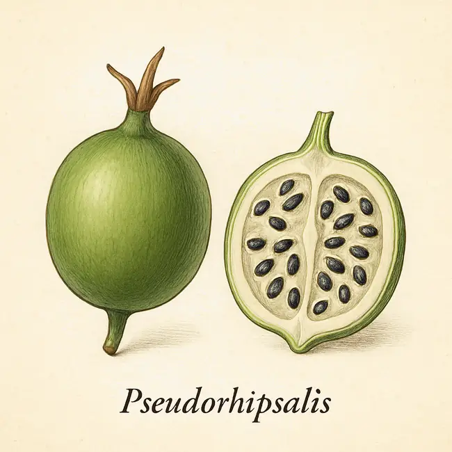 Pseudorhipsalis – Botanische Illustration von Frucht und Samen
