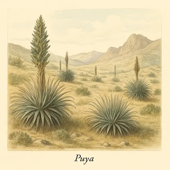 Puya – Botanische Illustration des natürlichen Lebensraums