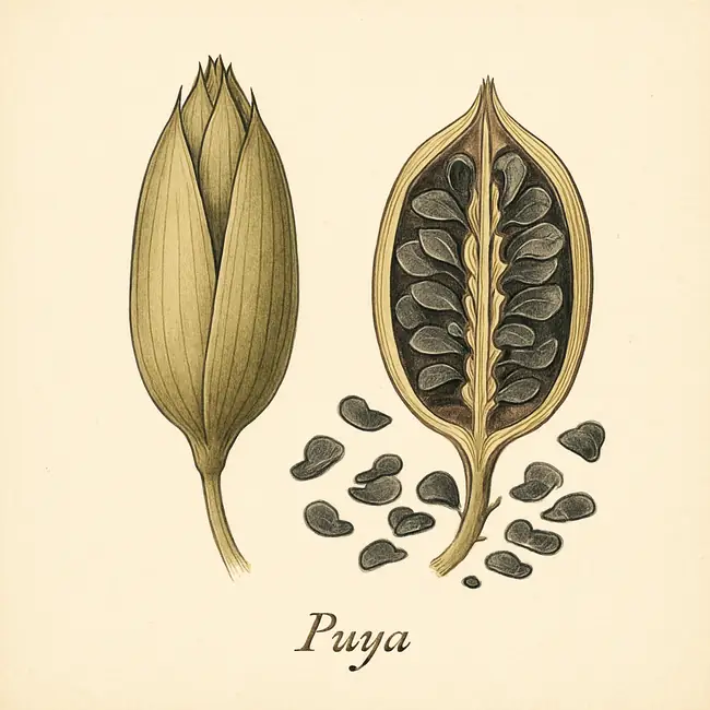 Puya – Botanische Illustration von Frucht und Samen