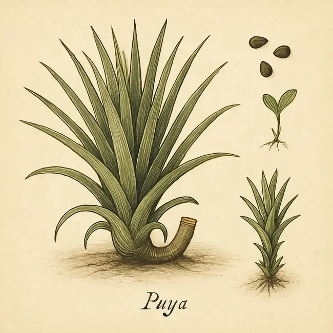 Puya – Botanische Illustration der Vermehrung
