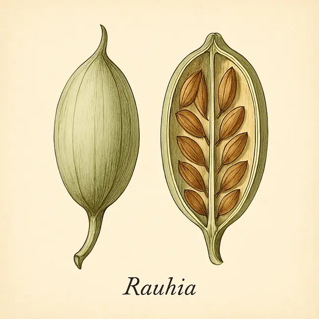 Rauhia – Botanische Illustration von Frucht und Samen
