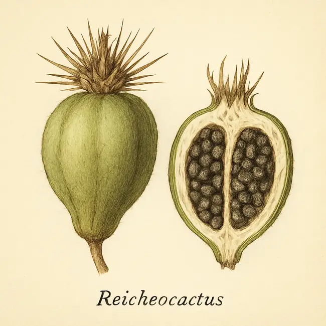 Reicheocactus – Botanische Illustration von Frucht und Samen