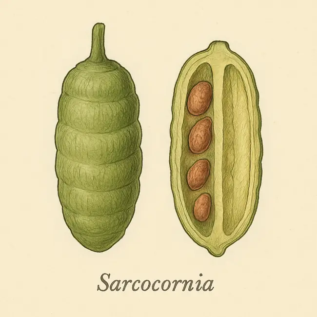 Sarcocornia – Botanische Illustration von Frucht und Samen