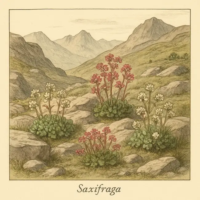 Saxifraga – Botanische Illustration des natürlichen Lebensraums