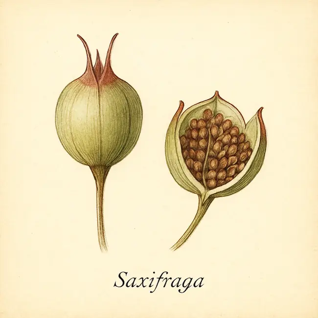 Saxifraga – Botanische Illustration von Frucht und Samen