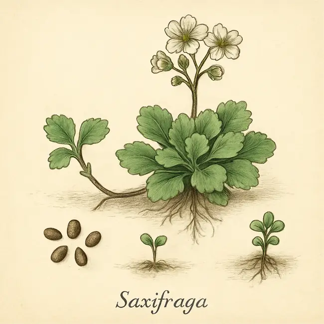 Saxifraga – Botanische Illustration der Vermehrung