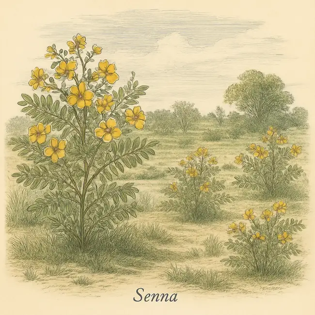 Senna – Botanische Illustration des natürlichen Lebensraums