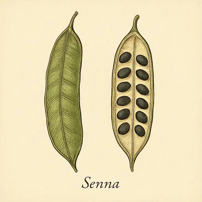 Senna – Botanische Illustration von Frucht und Samen