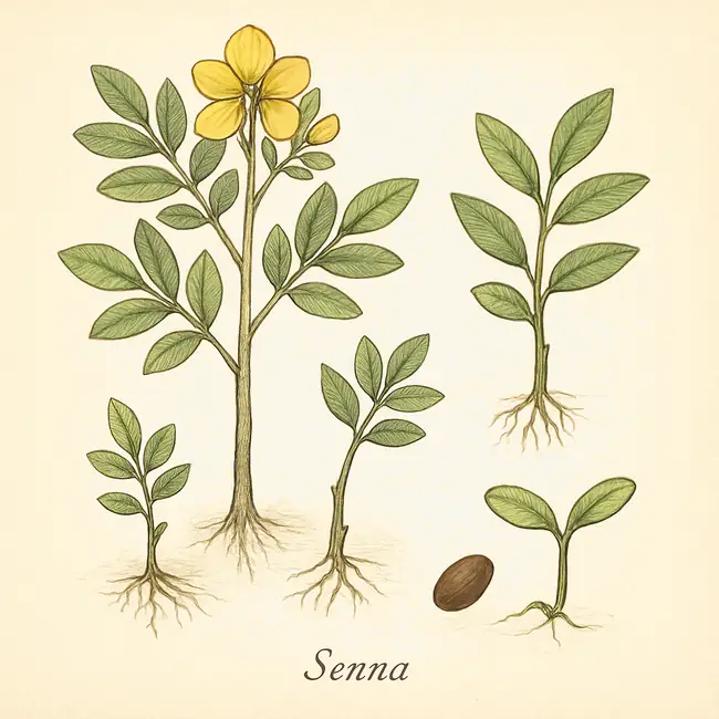 Senna – Botanische Illustration der Vermehrung