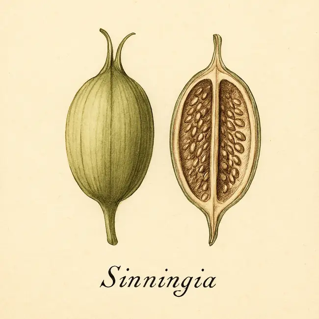 Sinningia – Botanische Illustration von Frucht und Samen