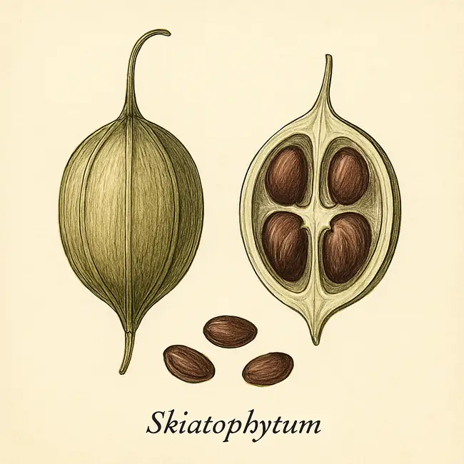 Skiatophytum – Botanische Illustration von Frucht und Samen