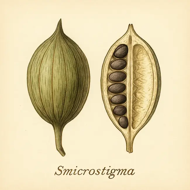 Smicrostigma – Botanische Illustration von Frucht und Samen