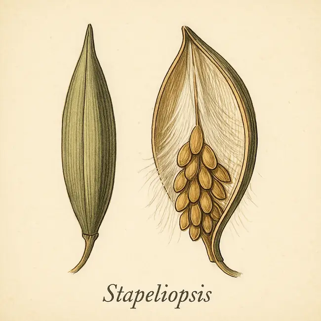 Stapeliopsis – Botanische Illustration von Frucht und Samen