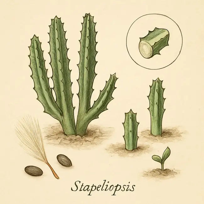 Stapeliopsis – Botanische Illustration der Vermehrung