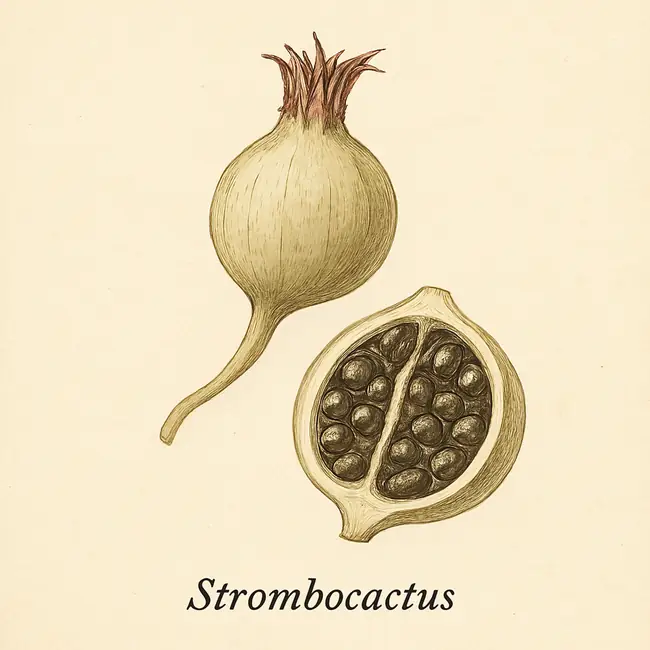 Strombocactus – Botanische Illustration von Frucht und Samen